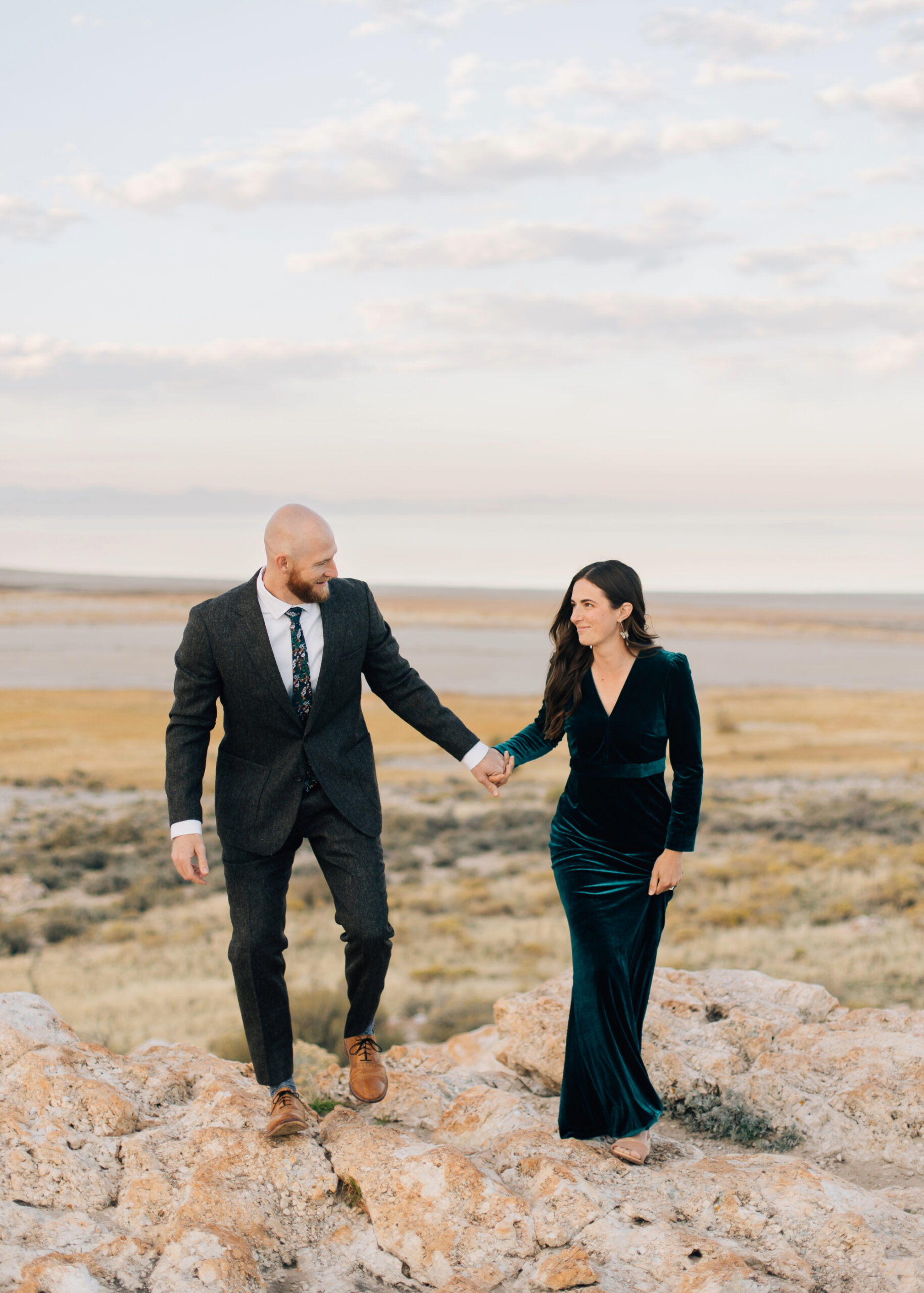 Beachy formal engagement session at Antelope Island state park