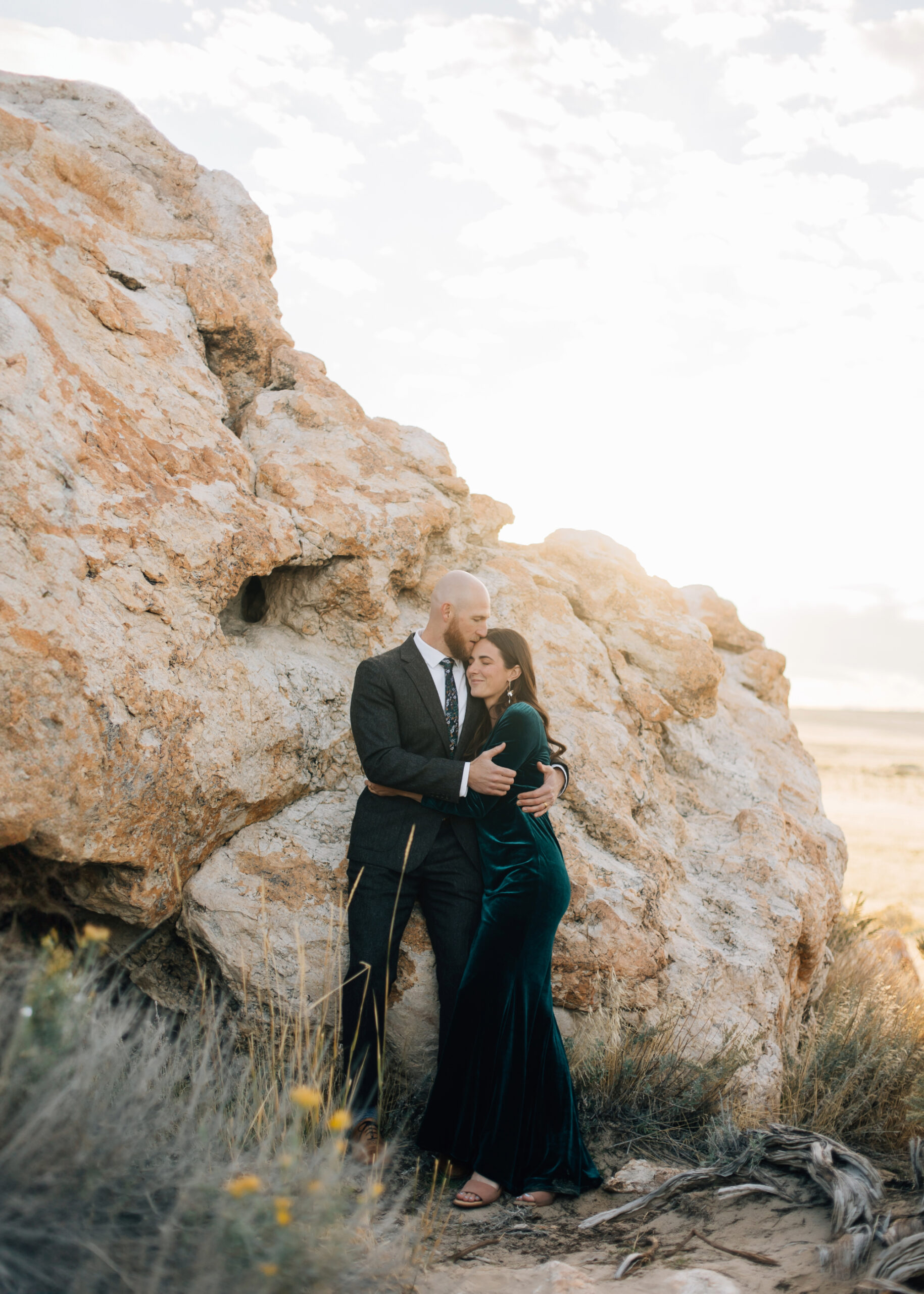 Wide shot of formal engagement shot at Antelope Island State Park Utah